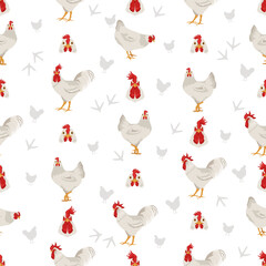 Leghorn Chicken breeds seamless pattern. Poultry and farm animals. Different colors set