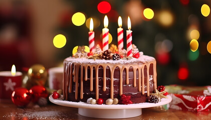 Christmas cake with christmas decorations, candles, around ornaments in the table, lights in the background. Copy space. Holiday mood