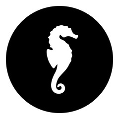 A sea horse symbol in the center. Isolated white symbol in black circle. Illustration on transparent background