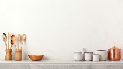 Stylish kitchen tools and utensils neatly arranged on a countertop, minimalistic