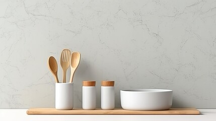 Stylish kitchen tools and utensils neatly arranged on a countertop, minimalistic