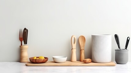 Stylish kitchen tools and utensils neatly arranged on a countertop, minimalistic - obrazy, fototapety, plakaty