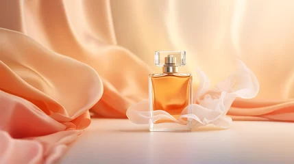 Foto op Plexiglas Bottle of perfume on a folded apricot silk fabric. Product mockup with empty space for text. Delicate perfume bottle. © mica