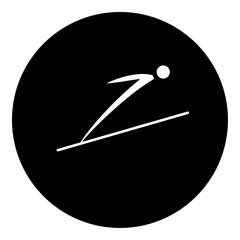 A Ski jumping symbol in the center. Isolated white symbol in black circle. Vector illustration on white background