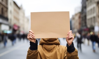 Protestors on the street holding blank cardboard banner sign. Global strike for change, A political activist protesting holding a blank placard sign banner at a protest, crowd on the street