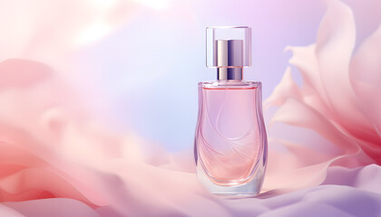 Beautiful perfume bottle on a folded pink silk fabric background for product presentation with...