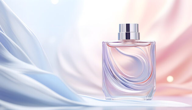 Beautiful perfume bottle on a folded pink and blue silk fabric background for product presentation with space for text. Product mockup