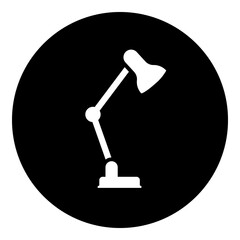 A table lamp symbol in the center. Isolated white symbol in black circle. Illustration on transparent background