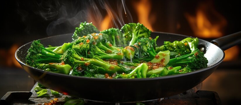Stir frying Broccolini in a Thai kitchen against the isolated green background brings together the best of nature and food adding a healthy touch to the meal s nutrition with its high water 
