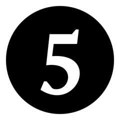 A number five symbol in the center. Isolated white symbol in black circle. Illustration on transparent background