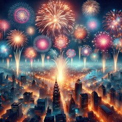 Obraz premium Vibrant sparks of celebration illuminate the night sky over a bustling city, marking the arrival of a new year and the joyous holiday season, fireworks ignites a wild festival of lights