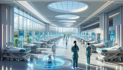 Advanced futuristic hospital corridor with busy medical staff and healthcare robots amidst patient beds - obrazy, fototapety, plakaty