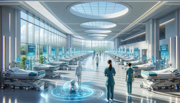 Advanced futuristic hospital corridor with busy medical staff and healthcare robots amidst patient beds