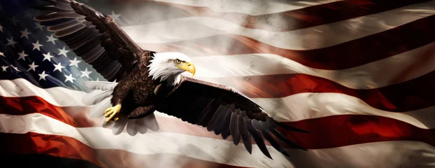 Zelfklevend Fotobehang flying bald eagle on american flag. freedom and independence concept. 4th of july background. banner with copy space © ronstik