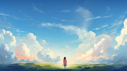 Young woman standing and looking at the summer sky.