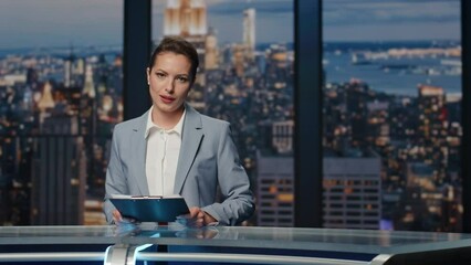Happy woman ending news evening tv studio closeup. Lady announcer leaving stage