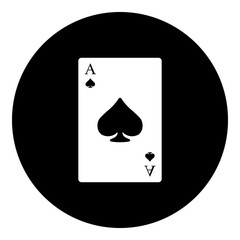 A ace of spades card in the center. Isolated white symbol in black circle. Illustration on transparent background