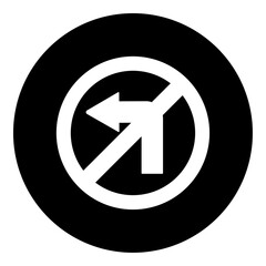 A no left turn sign in the center. Isolated white symbol in black circle. Vector illustration on white background