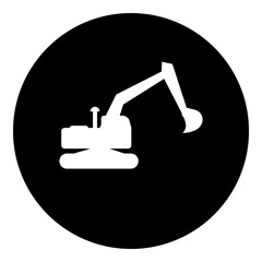 A excavator symbol in the center. Isolated white symbol in black circle. Illustration on transparent background