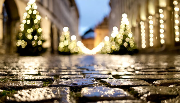 At night in the old town with cobblestones and rainy weather in Advent
