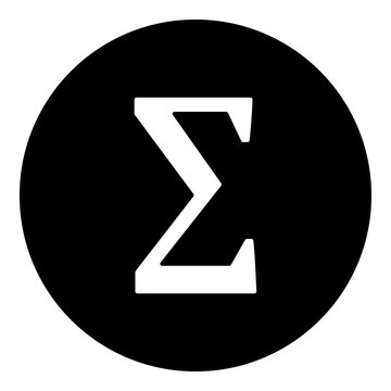 A sigma symbol in the center. Isolated white symbol in black circle. Illustration on transparent background
