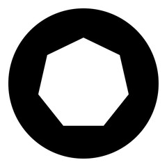 A heptagon symbol in the center. Isolated white symbol in black circle. Vector illustration on white background