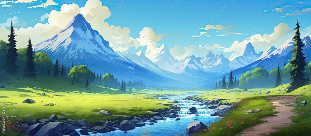 Wall mural the colorful landscape of the mountains with a backdrop of the summer sky and a water stream flowing - Wall murals