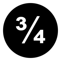 A three quarters symbol in the center. Isolated white symbol in black circle. Illustration on transparent background