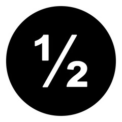 A half fraction symbol in the center. Isolated white symbol in black circle. Illustration on transparent background