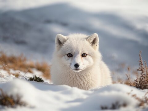 Baby Arctic fox Vulpes lagopus in snow habitat, winter landscape. Ai Generative
