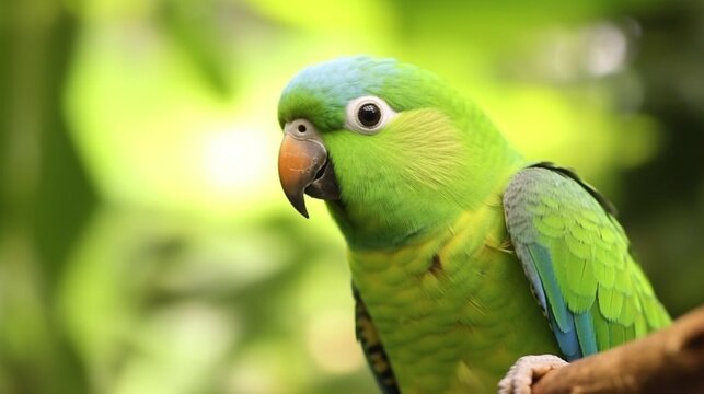 Shallow focus of a green newtons parakeet parrot.Generative AI