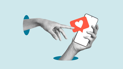 Collage with hand with smartphone and symbol of likes. Interaction in social networks and sharing likes. Share social networks