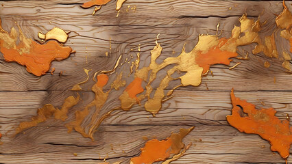 Wood background with orange and golden ink texture