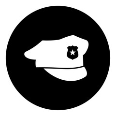 A police cap symbol in the center. Isolated white symbol in black circle. Vector illustration on white background