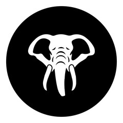 A elephant head in the center. Isolated white symbol in black circle. Vector illustration on white background