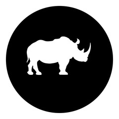A rhino symbol in the center. Isolated white symbol in black circle. Vector illustration on white background
