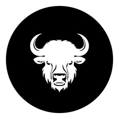 A buffalo head in the center. Isolated white symbol in black circle. Illustration on transparent background