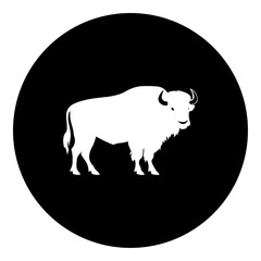 A buffalo symbol in the center. Isolated white symbol in black circle. Vector illustration on white background
