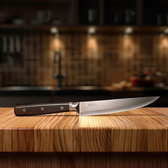 Chef's knife on wooden board in kitchen, with warm lighting and out of focus background