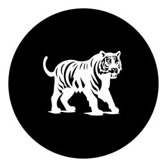 A tiger symbol in the center. Isolated white symbol in black circle. Vector illustration on white background