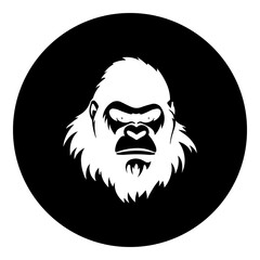 A gorilla head symbol in the center. Isolated white symbol in black circle. Illustration on transparent background