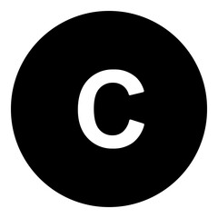 A capital letter C symbol in the center. Isolated white symbol in black circle. Illustration on transparent background