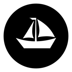 A sailing boat symbol in the center. Isolated white symbol in black circle. Illustration on transparent background