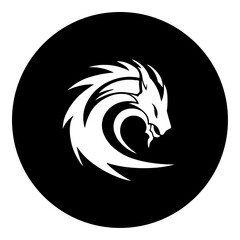 A dragon's head symbol in the center. Isolated white symbol in black circle. Vector illustration on white background