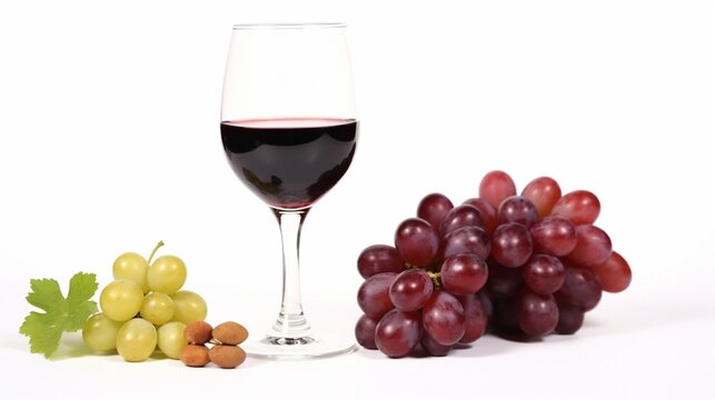 Wine bottle glass and grapes isolated on white.Generative AI