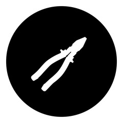 A pliers symbol in the center. Isolated white symbol in black circle. Illustration on transparent background