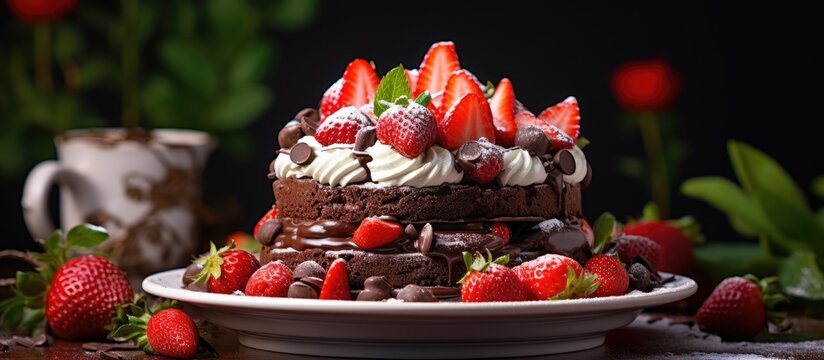 On the white tablecloth against a green background sits a decadent chocolate cake topped with fresh red strawberries creating a delightful and colorful dessert on the plate