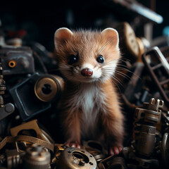 A marten gnaws on a cable in the engine compartment of a car, AI generated