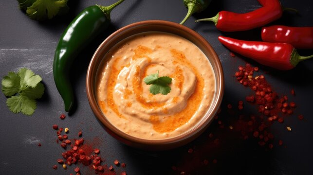  a bowl of hummus next to some red chili peppers and a green pepper on the side of the bowl.  generative ai