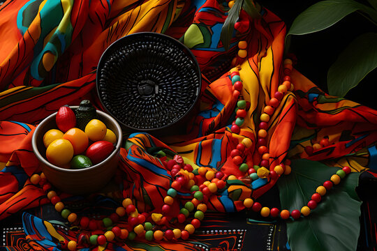 Colorful African fabric swatches draped among Kwanzaa objects,